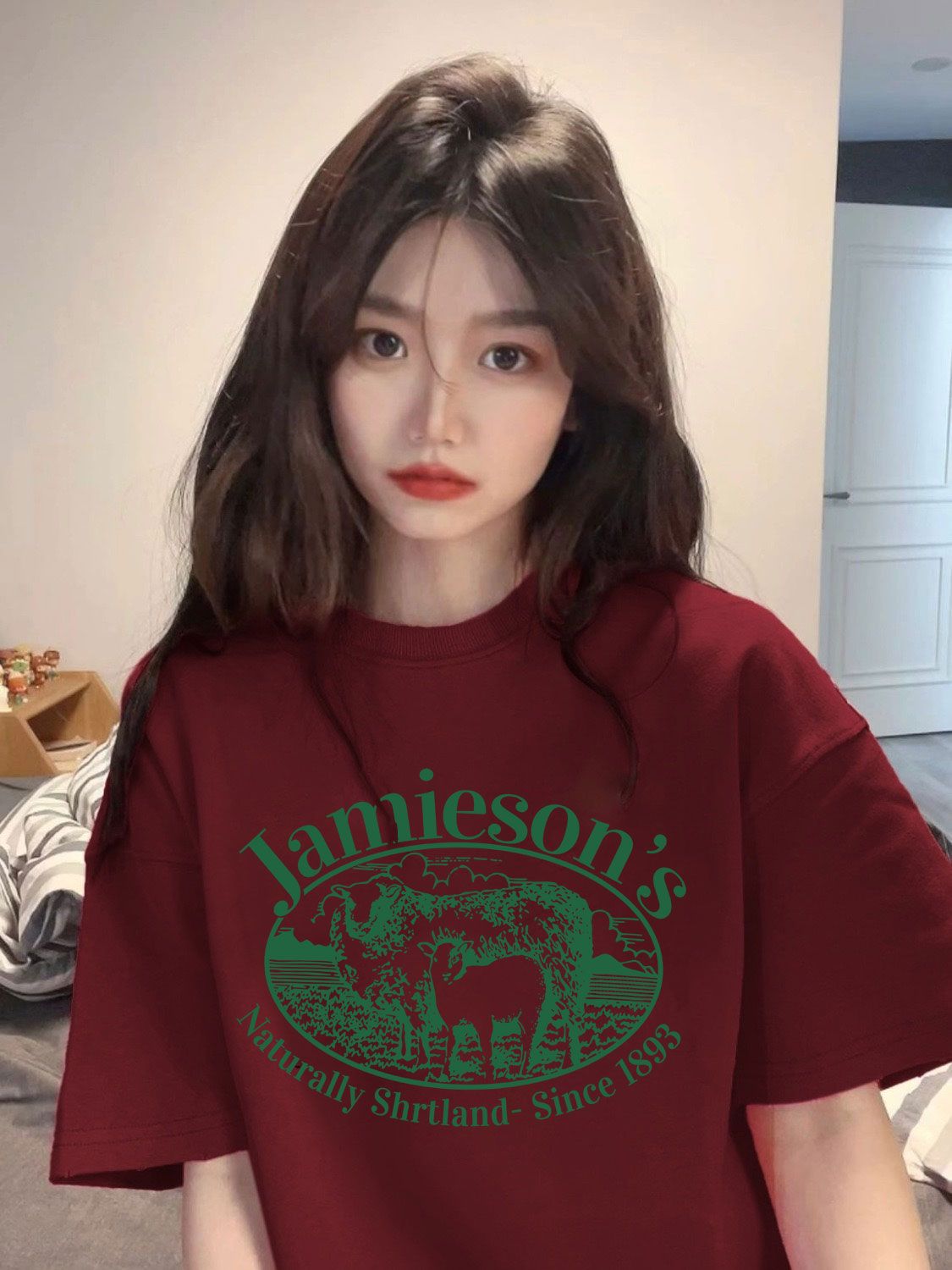 美式復古酒紅色短袖t恤女款夏季重磅純棉情侶裝寬鬆oversize體恤