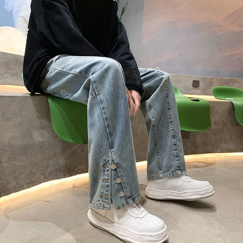 American vibe style high street hip-hop ripped jeans for men in spring and autumn niche design button-down slits and bootcut pants