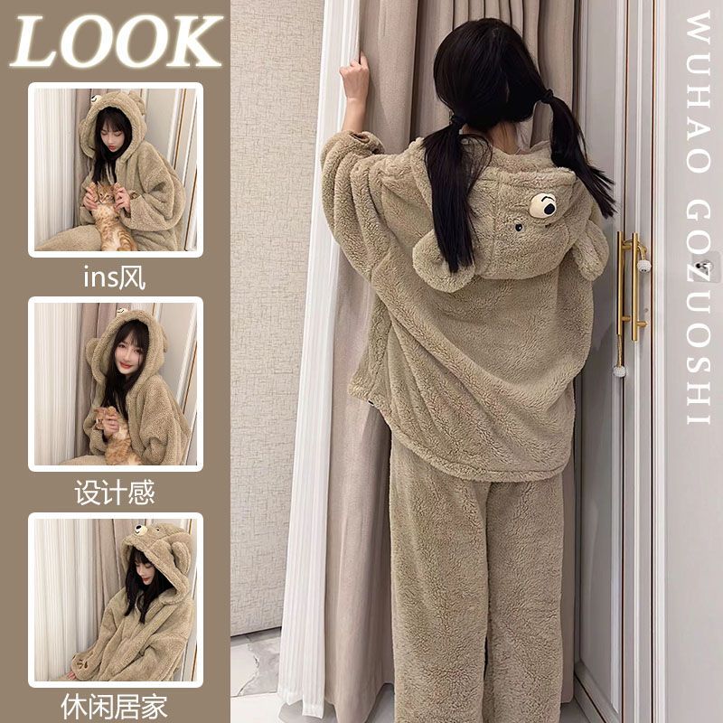 可愛小熊珊瑚絨睡衣女冬季加絨加厚保暖新款連帽法蘭絨居家服套裝