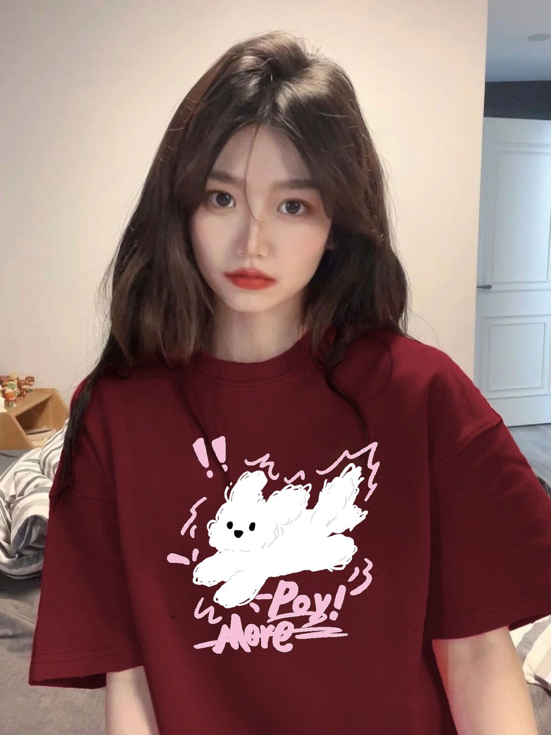 美式復古酒紅色短袖t恤女款夏季重磅純棉情侶裝寬鬆oversize體恤