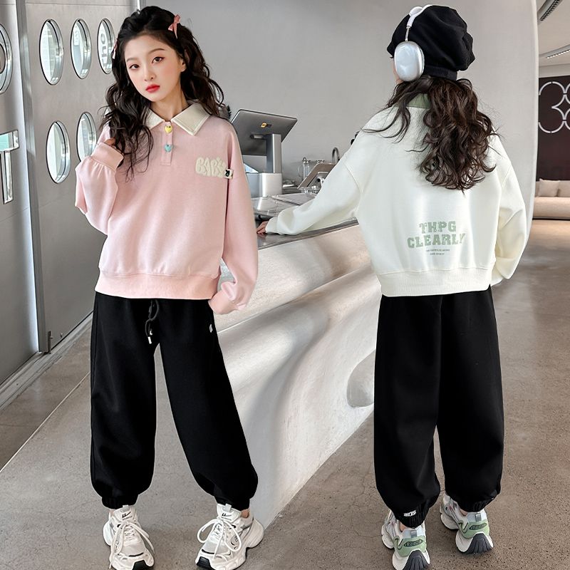 Girls' spring and autumn sportswear, loose sweatshirts, spring suits for older children, fashionable and western-style casual clothes for children