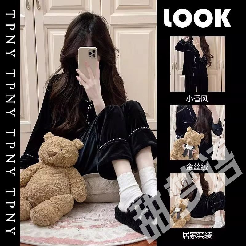 網紅款ins加厚珊瑚絨睡衣女秋冬款甜美少女保暖法蘭絨家居服套裝