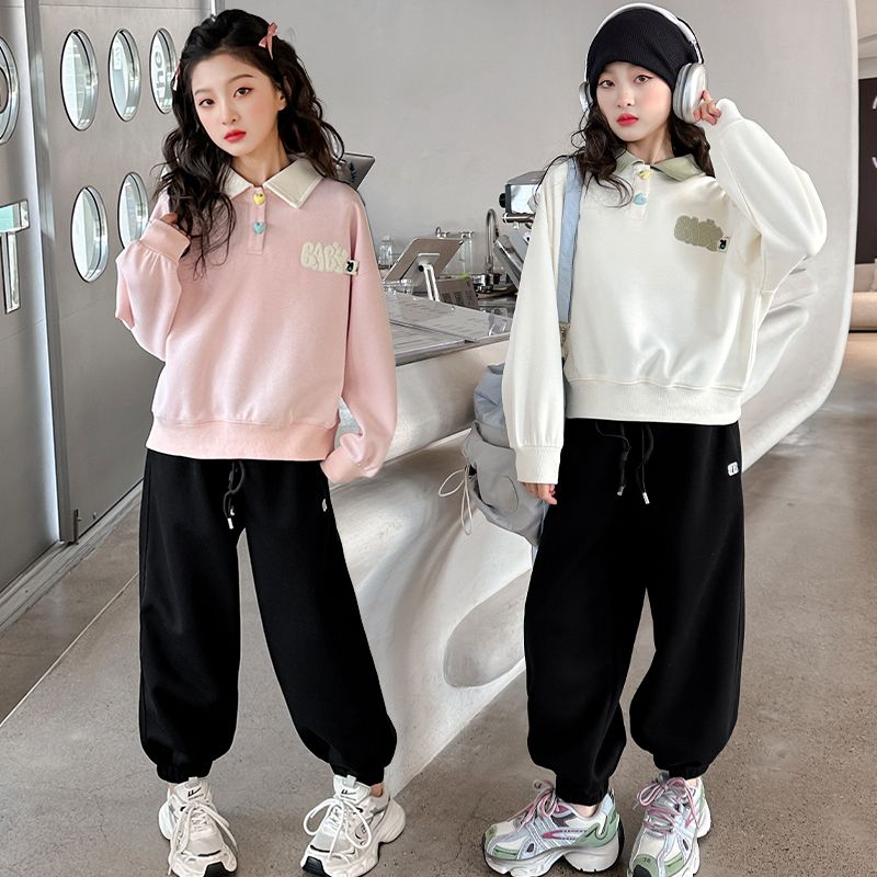 Girls' spring and autumn sportswear, loose sweatshirts, spring suits for older children, fashionable and western-style casual clothes for children