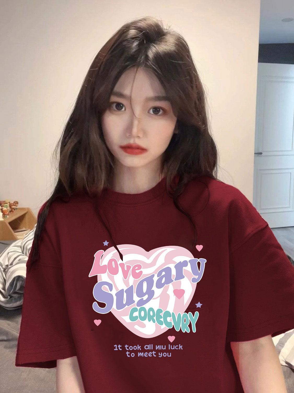 美式復古酒紅色短袖t恤女款夏季重磅純棉情侶裝寬鬆oversize體恤