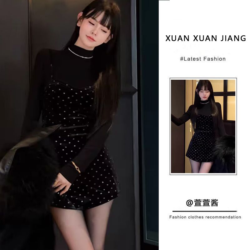 套裝女2024春新款純欲風氣質打底長袖上衣收腰顯瘦絲絨背帶連衣裙