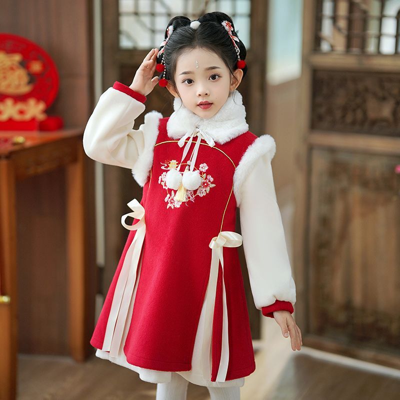 女童旗袍連衣裙2024新款兒童冬裝國風公主裙小女孩加厚拜年服唐裝