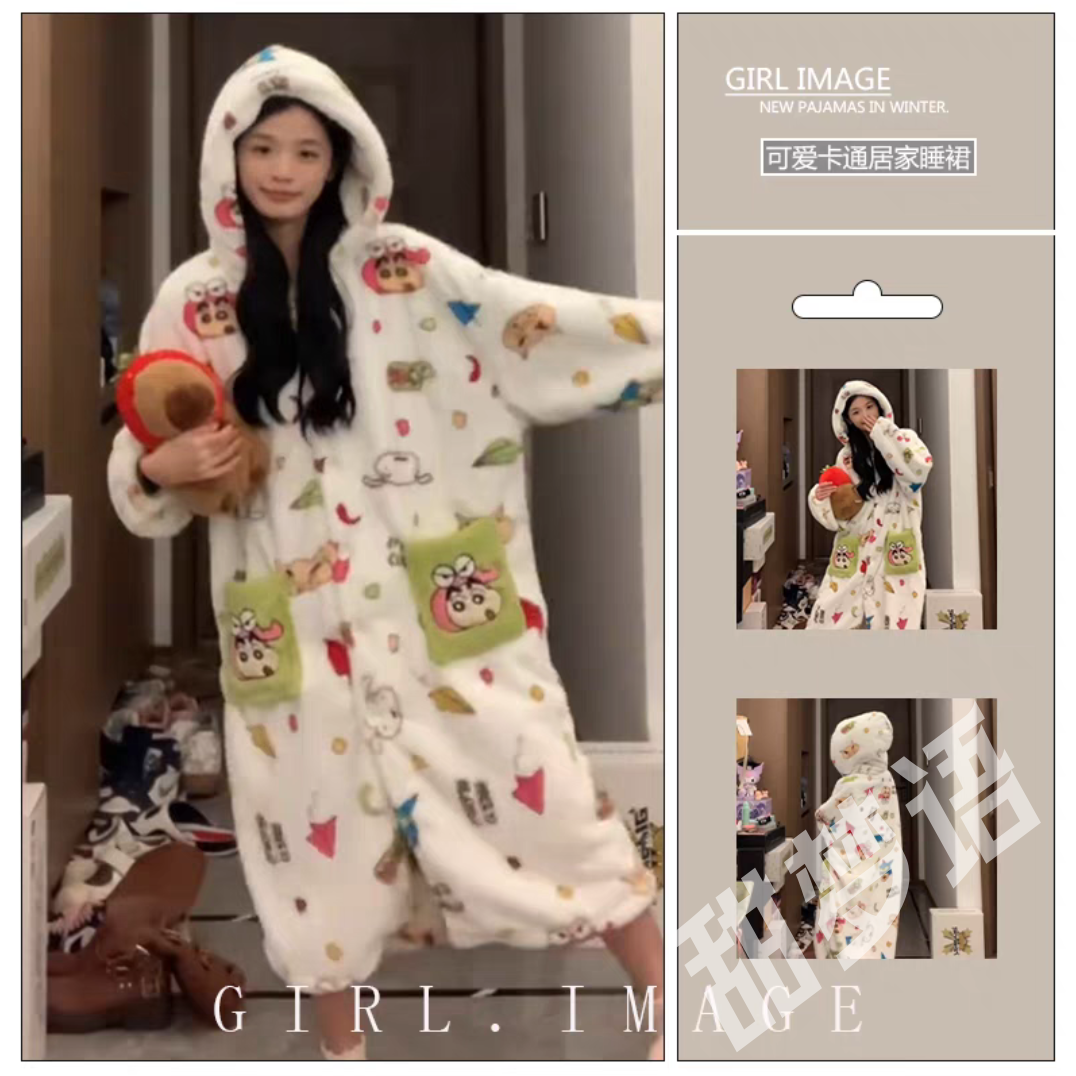 Sweet ins thickened flannel pajamas women's autumn and winter Internet celebrity nightgown warm coral velvet home wear nightgown