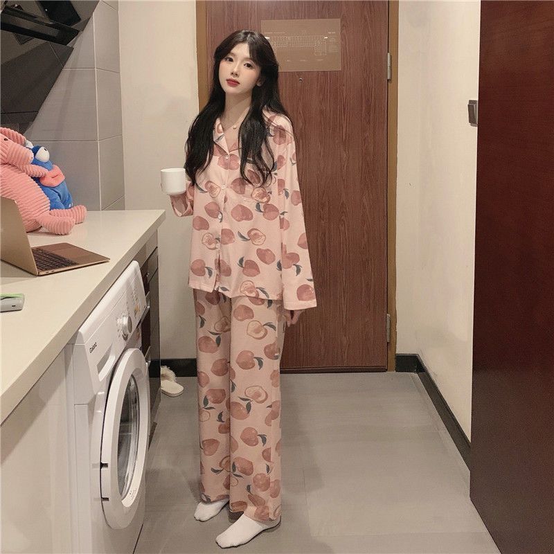 Pajamas for women spring and autumn pure cotton long-sleeved student cute plus size home wear summer 2024 new two-piece suit