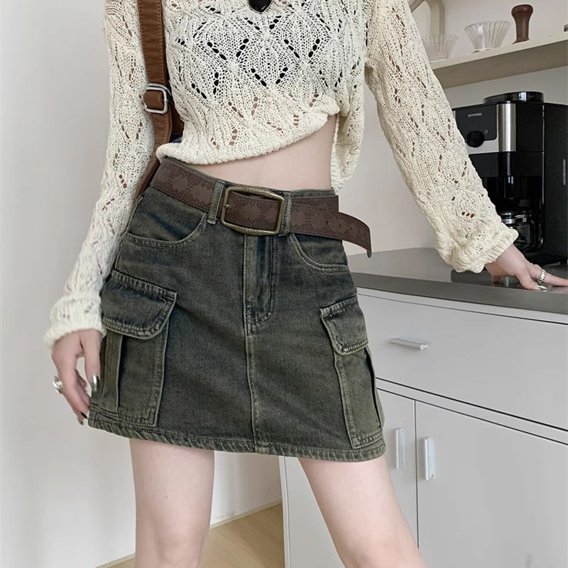 美式復古工裝牛仔半身裙女裝夏季辣妹高腰顯瘦A字裙防走光短裙子