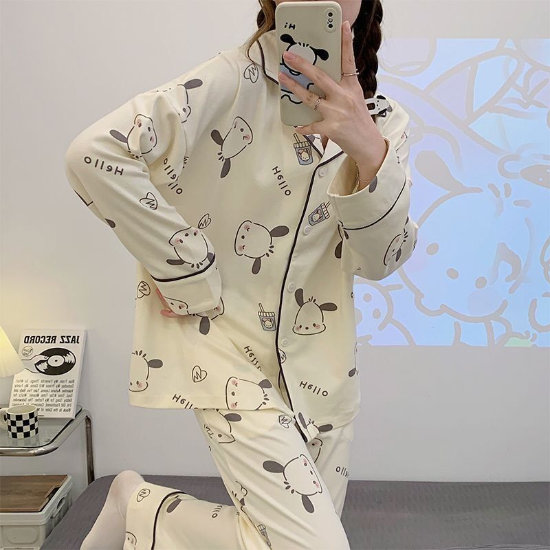 Pajamas for women spring and autumn pure cotton long-sleeved student cute plus size home wear summer 2024 new two-piece suit