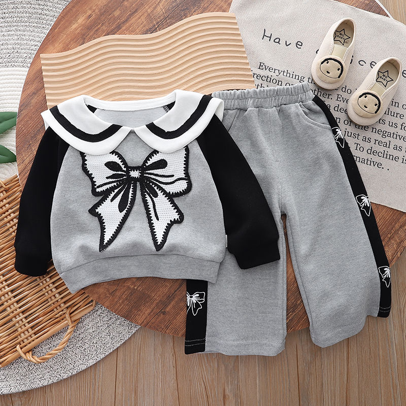 Girls' sweatshirt and sweatpants suit 2024 spring and autumn new style small and medium-sized children's fashionable and cute lapel bow two-piece set