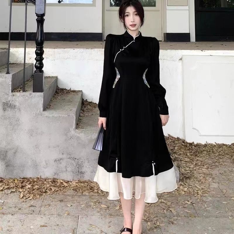 新中式改良旗袍長袖連衣裙大碼女裝復古秋季胖mm高端氣質a字裙子
