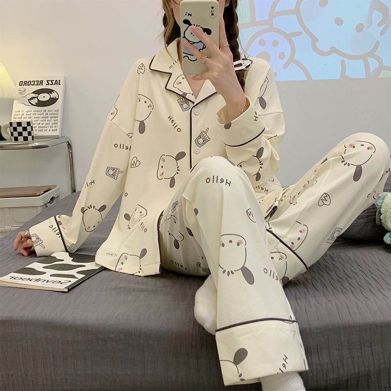 Pajamas for women spring and autumn pure cotton long-sleeved student cute plus size home wear summer 2024 new two-piece suit
