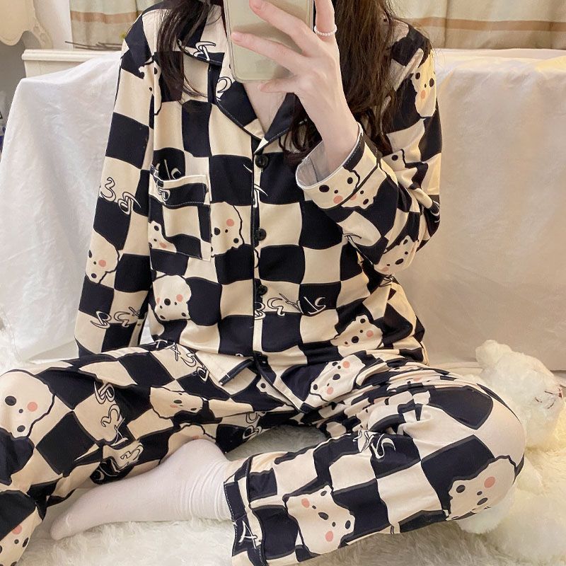 Pajamas for women spring and autumn pure cotton long-sleeved student cute plus size home wear summer 2024 new two-piece suit