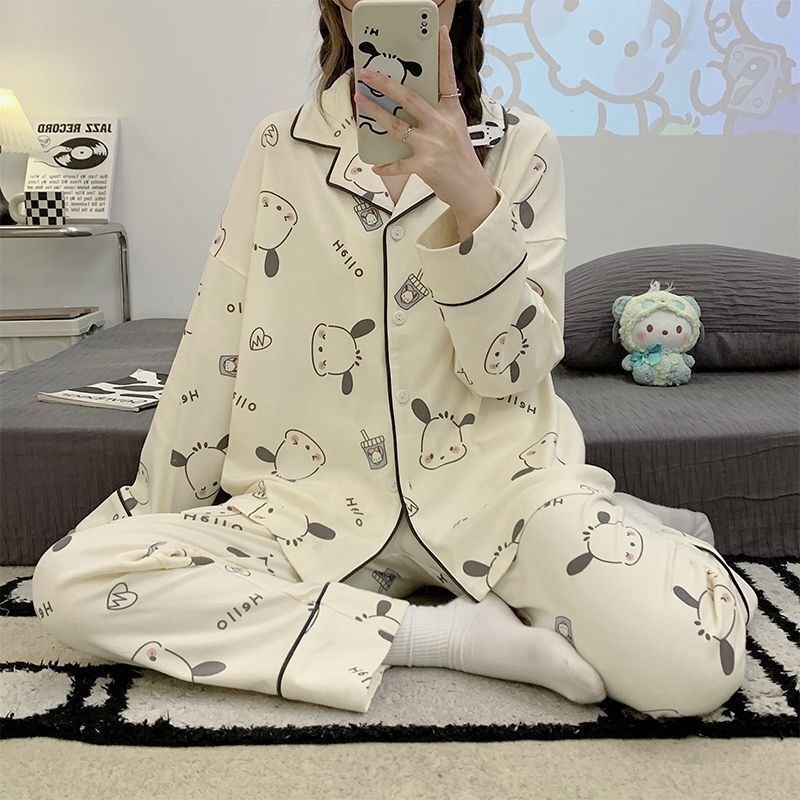 Pajamas for women spring and autumn pure cotton long-sleeved student cute plus size home wear summer 2024 new two-piece suit