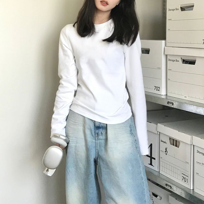 白色純棉打底衫女裝2024設計感新款內搭寬鬆顯瘦長袖t恤秋冬上衣