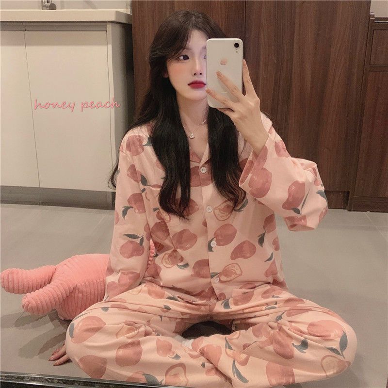 Pajamas for women spring and autumn pure cotton long-sleeved student cute plus size home wear summer 2024 new two-piece suit