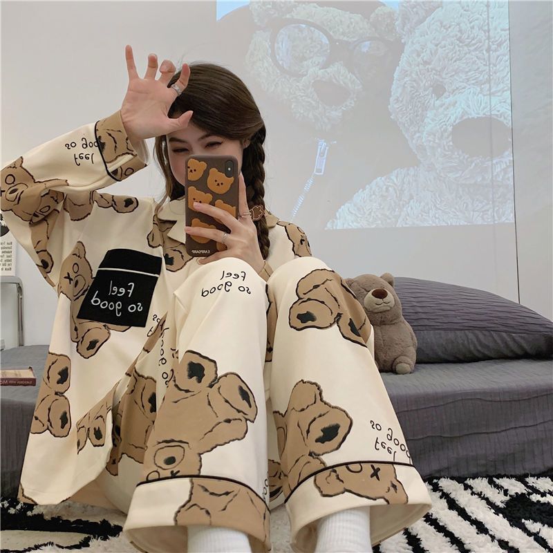 Pajamas for women spring and autumn pure cotton long-sleeved student cute plus size home wear summer 2024 new two-piece suit