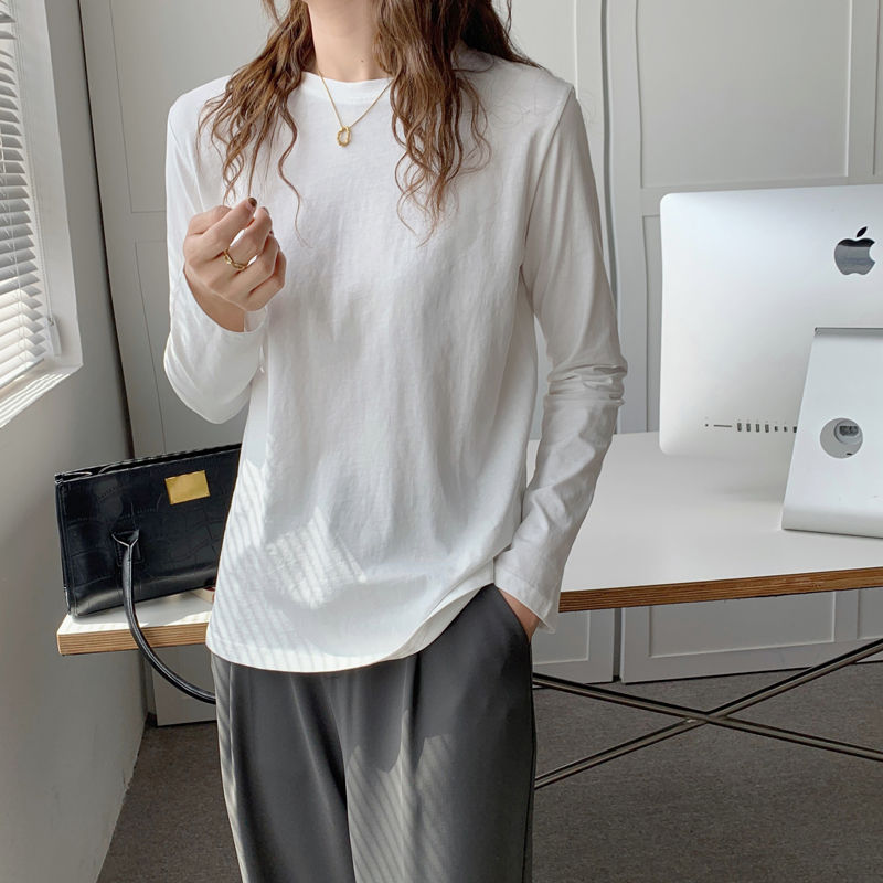 100%純棉白色打底衫女秋冬2024新款長袖內搭上衣韓版寬鬆秋衣T恤