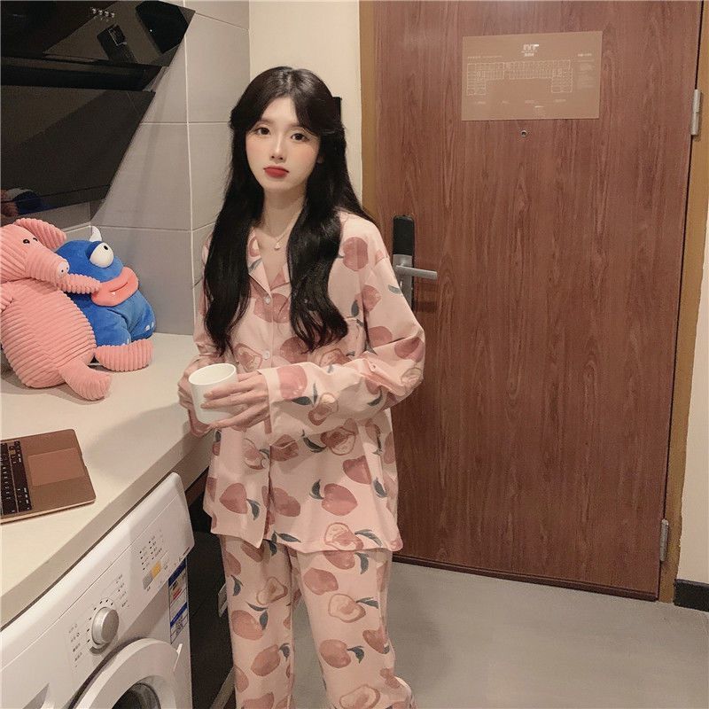 Pajamas for women spring and autumn pure cotton long-sleeved student cute plus size home wear summer 2024 new two-piece suit