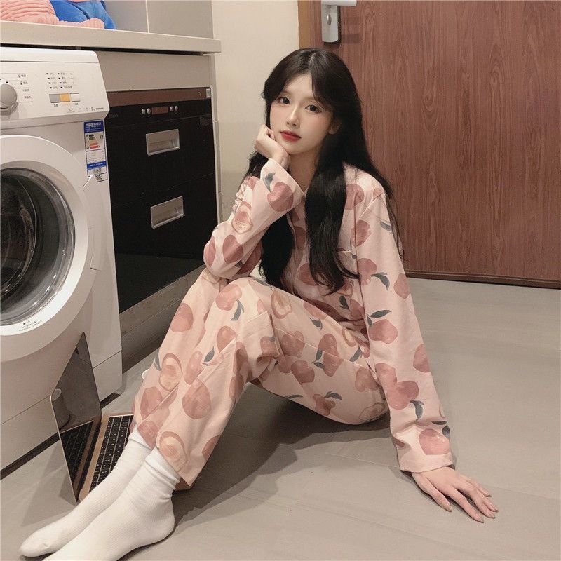 Pajamas for women spring and autumn pure cotton long-sleeved student cute plus size home wear summer 2024 new two-piece suit