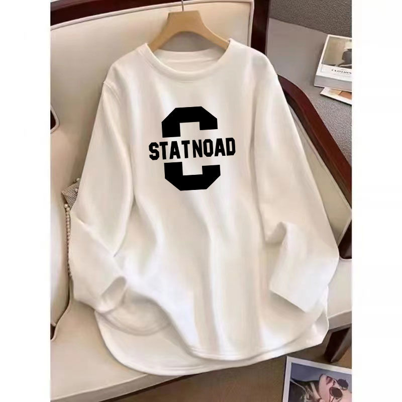 Spring slit cotton long-sleeved T-shirt 2024 niche women's loose and slim pure cotton printed casual top ins