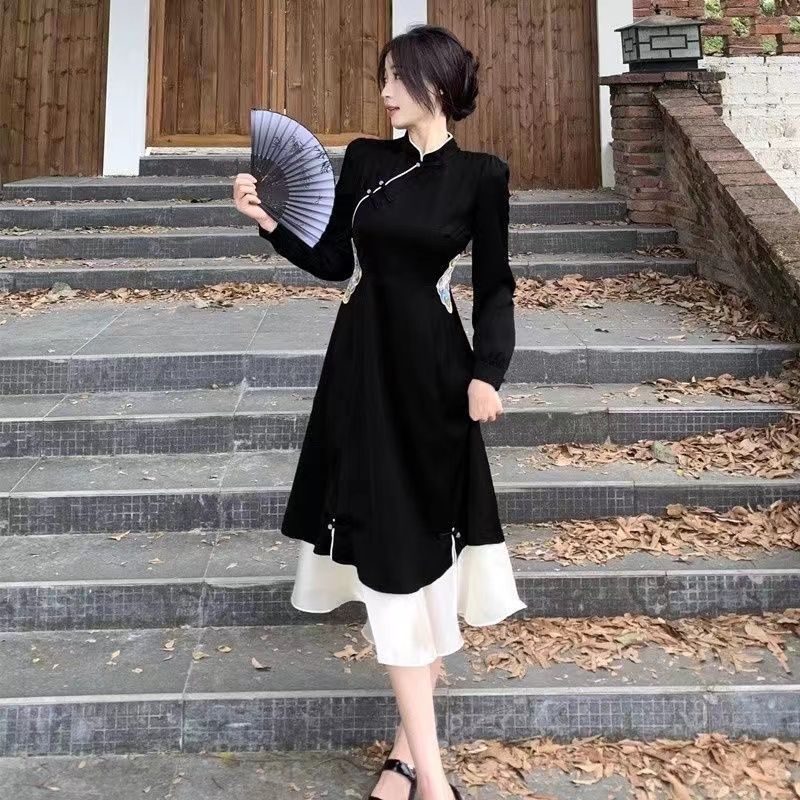 大碼女裝旗袍盤扣新中式連衣裙女新款春秋季胖mm顯瘦遮肚A字裙子