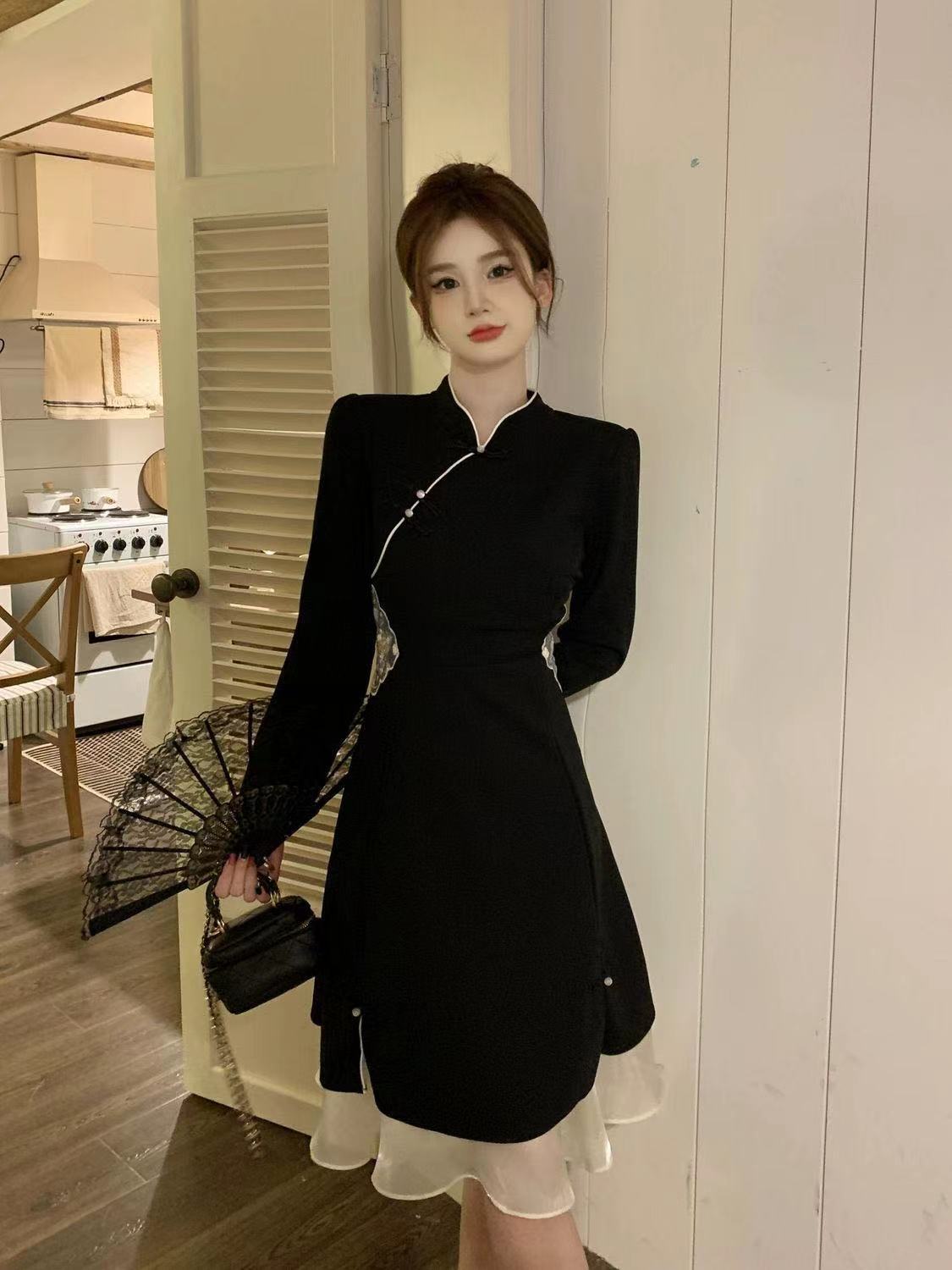 新款大碼女裝拼接旗袍連衣裙法式赫本風春秋裝胖妹妹復古裙子