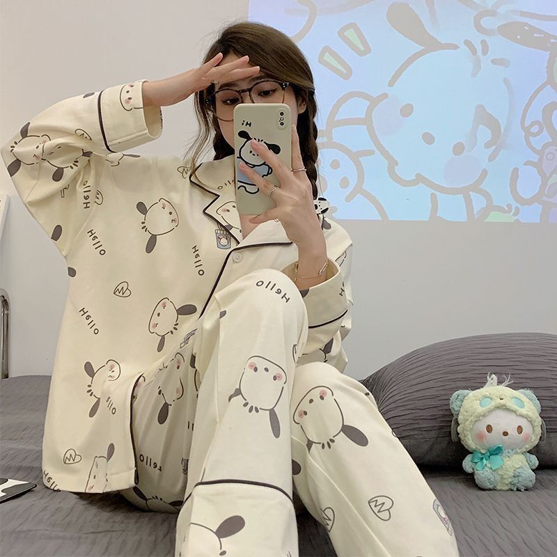 Pajamas for women spring and autumn pure cotton long-sleeved student cute plus size home wear summer 2024 new two-piece suit