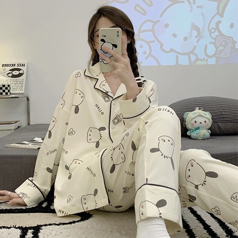 Pajamas for women spring and autumn pure cotton long-sleeved student cute plus size home wear summer 2024 new two-piece suit