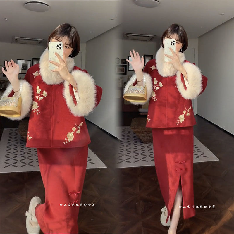 爆款小香風復古時尚套裝女冬季新款紅色毛呢外套長裙新年兩件套裝