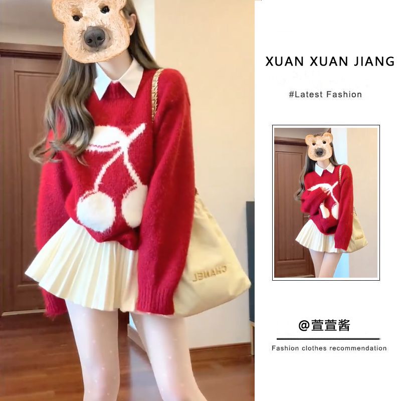 三件套裝女春季新款甜辣風洋氣紅色毛衣針織上衣高腰顯瘦半身裙