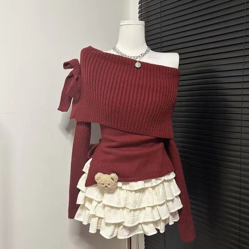 Fashion suit for women 2023 autumn and winter new Korean Christmas hottie off-shoulder bow sweater cake skirt two-piece set