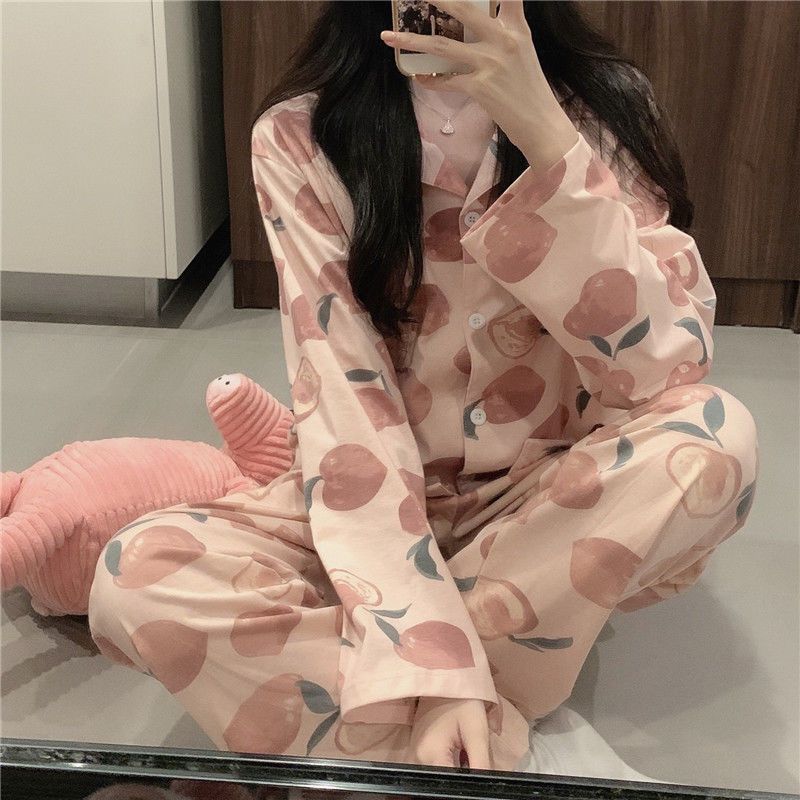 Pajamas for women spring and autumn pure cotton long-sleeved student cute plus size home wear summer 2024 new two-piece suit