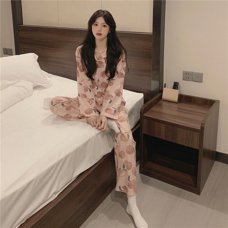 Pajamas for women spring and autumn pure cotton long-sleeved student cute plus size home wear summer 2024 new two-piece suit
