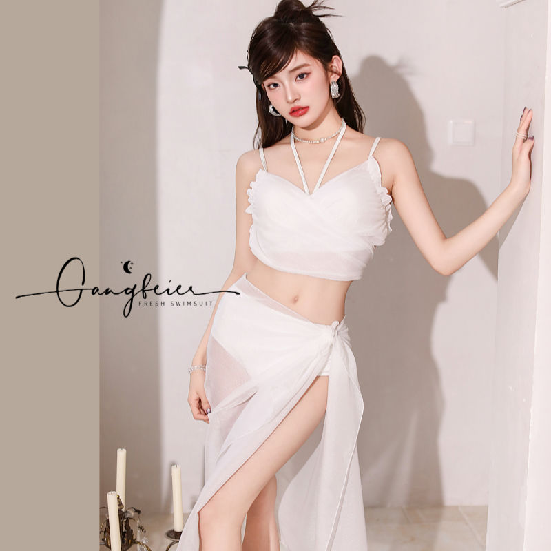 Women's new swimsuit pure desire high-end steel support gathered sexy high-waisted white split bikini three-piece hot spring set