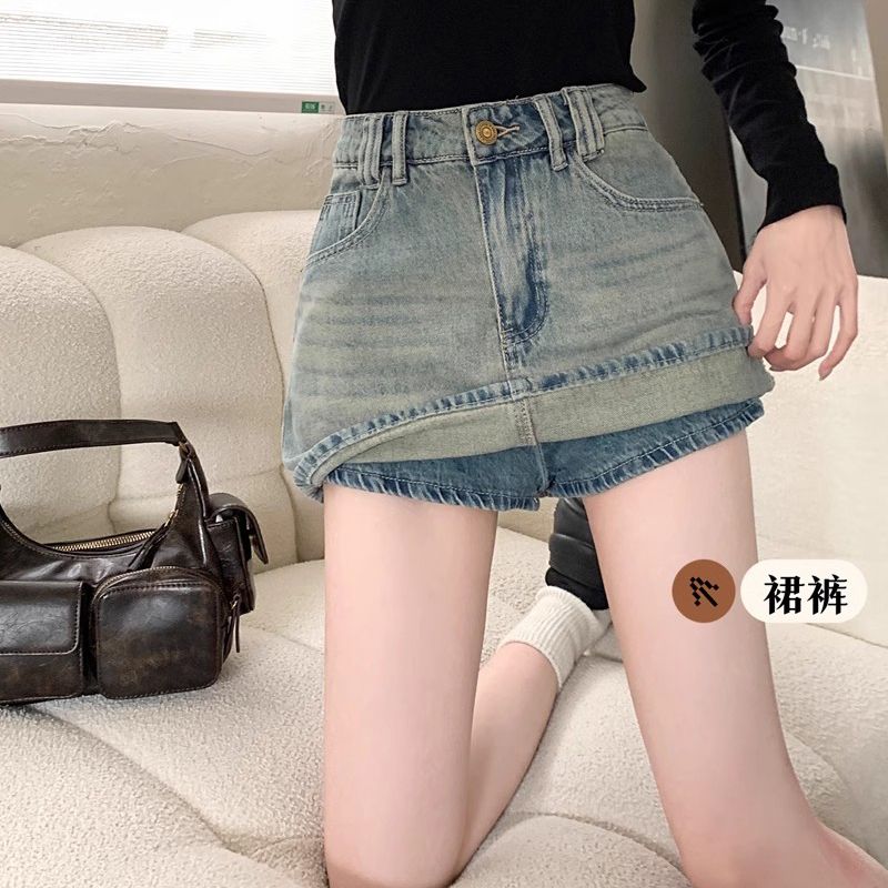 辣妹復古水洗做舊防走光牛仔半身裙女夏季高腰A字包臀裙短裙裙褲