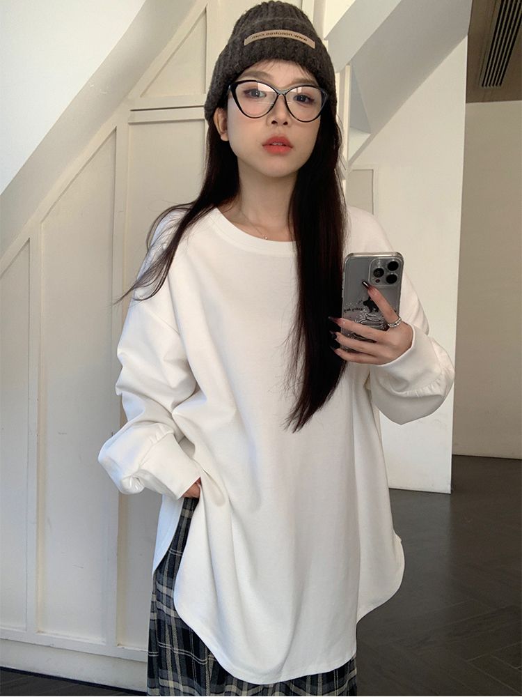 純棉圓領薄款白色長款長袖T恤女春秋打底衫衛衣內搭開叉上衣ins