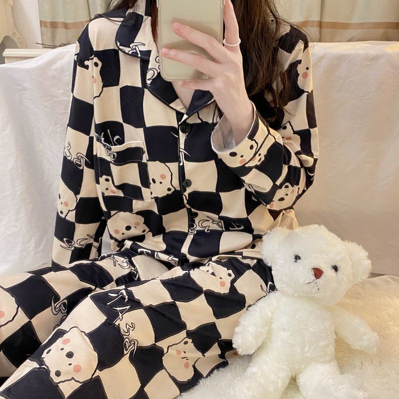 Pajamas for women spring and autumn pure cotton long-sleeved student cute plus size home wear summer 2024 new two-piece suit