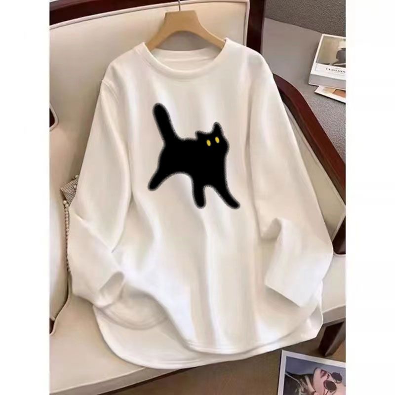 Pure cotton white t-shirt for women pure cotton spring new style slit long-sleeved printed versatile top Korean style loose T-shirt trendy