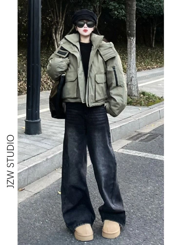 美式高街黑灰色牛仔褲女春秋韓版ins高腰顯瘦寬鬆百搭直筒闊腿褲