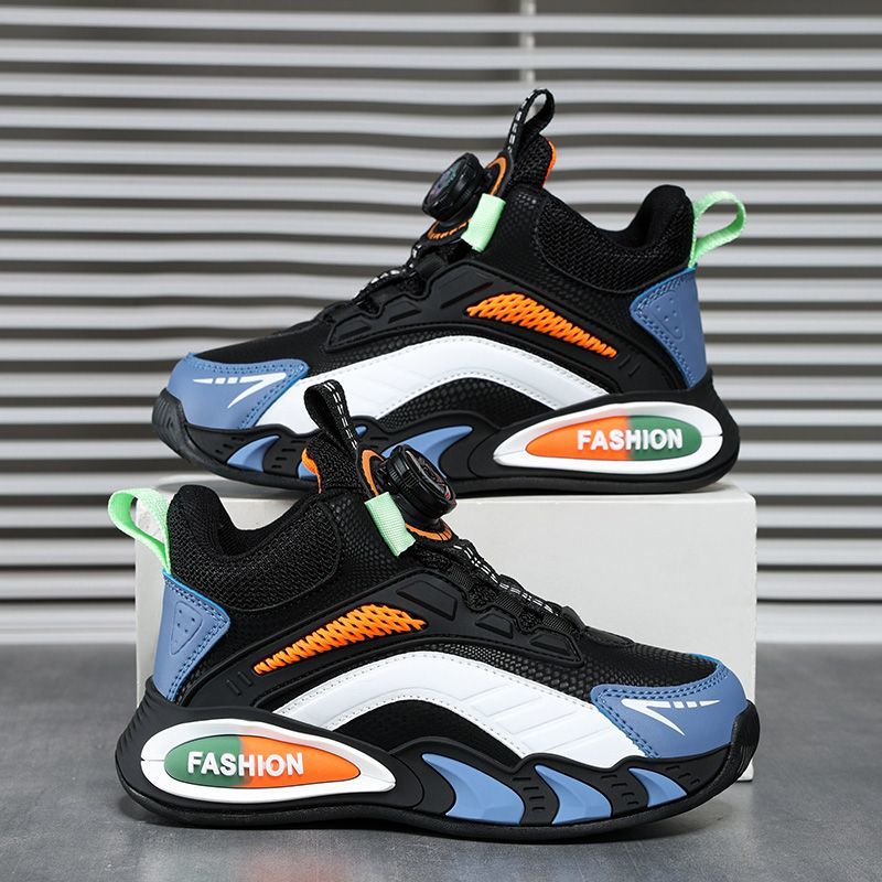 Boys' shoes new spring and autumn waterproof leather double mesh breathable shock-absorbing rotating button elementary school children's sports shoes