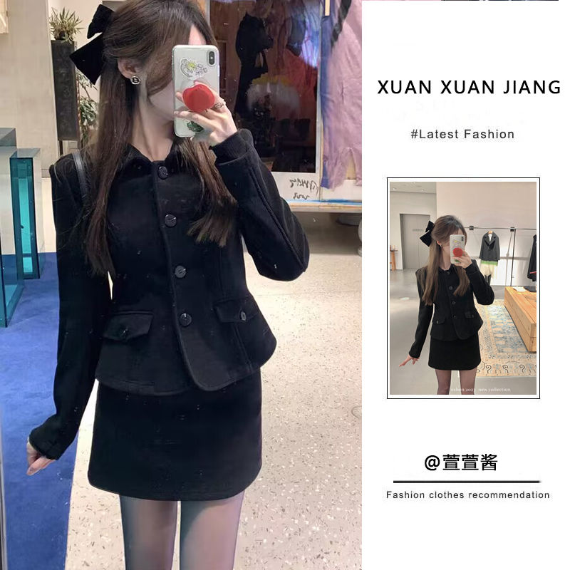 套裝女2024春季新款純欲風辣妹高級感黑色西裝外套高腰顯瘦半身裙