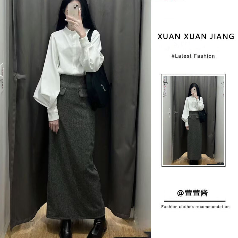 套裝女2024春新款純欲風辣妹設計感燈籠袖長袖襯衫高腰顯瘦半身裙