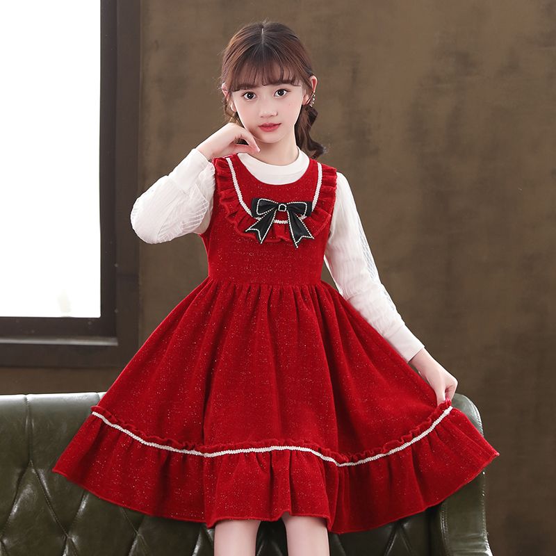 女童连衣裙冬款2023新款中大童儿童公主裙洋气小女孩红色套装裙子