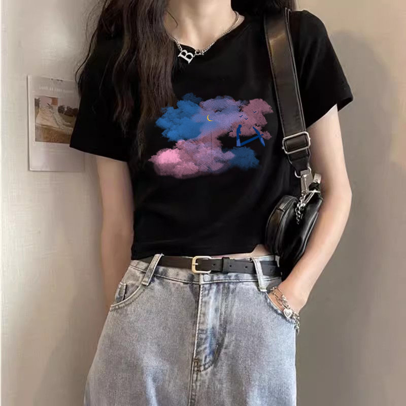 短款上衣女純棉正肩t恤短袖小個子設計感法式小眾甜美百搭圓領ins