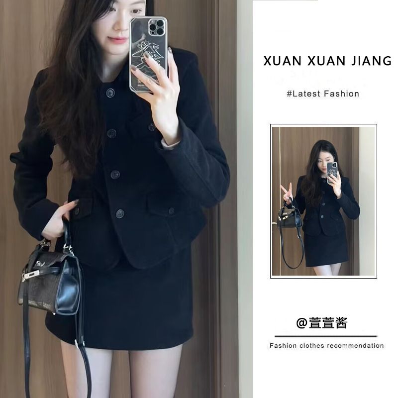 套裝女2024春季新款純欲風辣妹黑色外套上衣高腰顯瘦半身裙兩件套