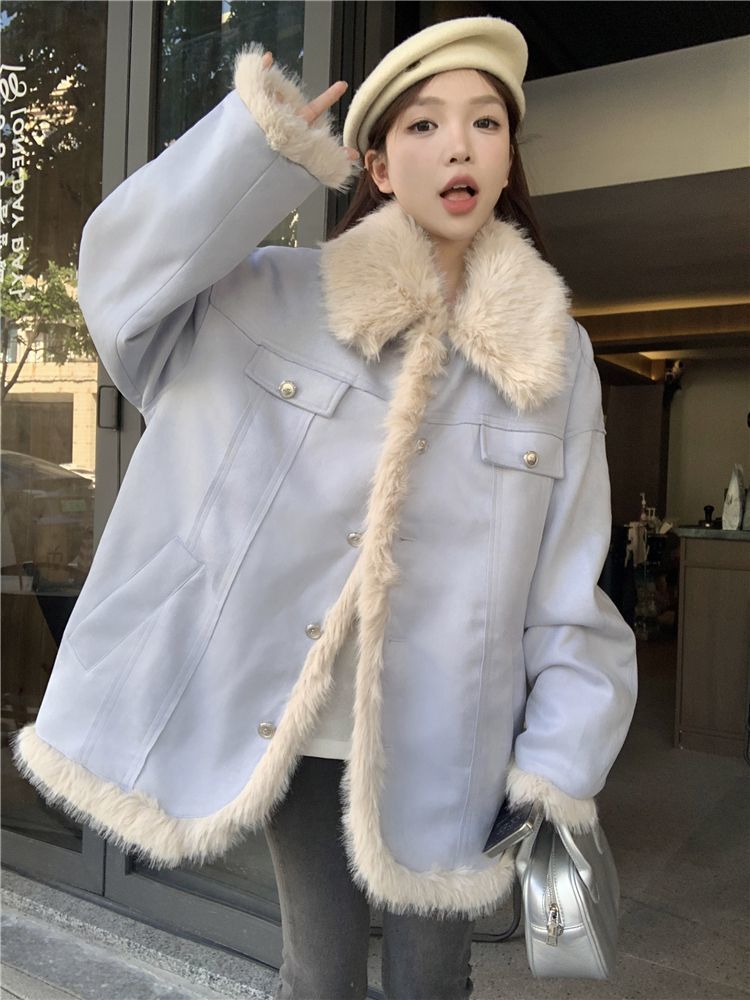 Apricot fur lapel Maillard coat for women winter loose mid-length quilted thickened warm furry cotton coat