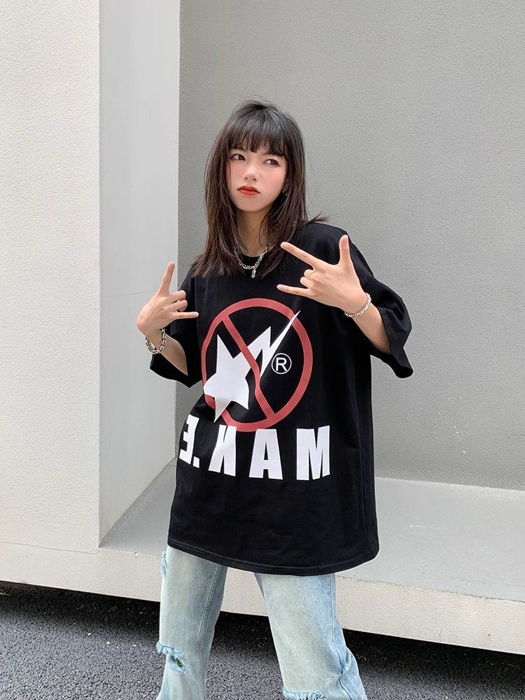 100% heavyweight cotton Chinese trendy American retro letter printed short-sleeved T-shirt for men and women new summer loose top
