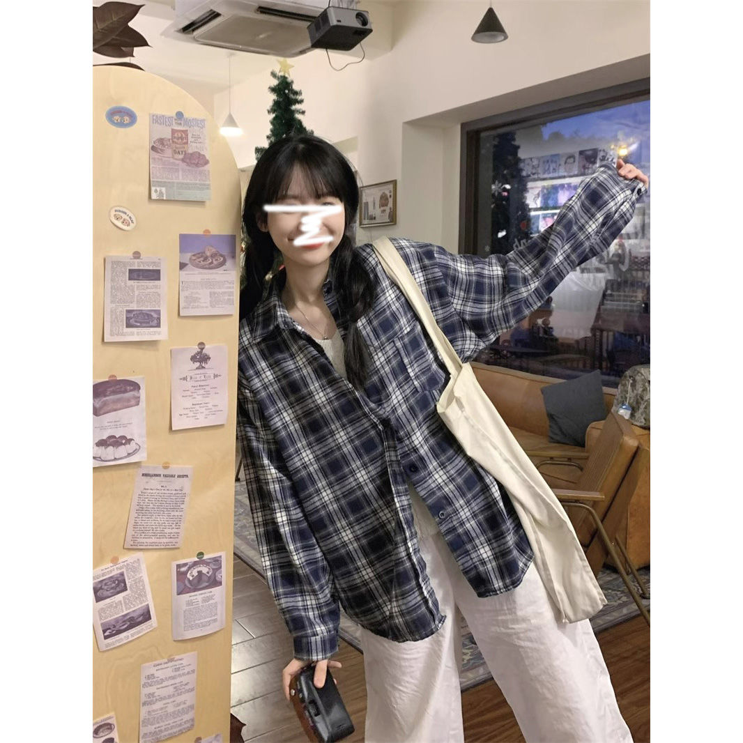 韓版復古撞色格子襯衫女春秋季新款慵懶風休閒寬鬆中長款chic上衣